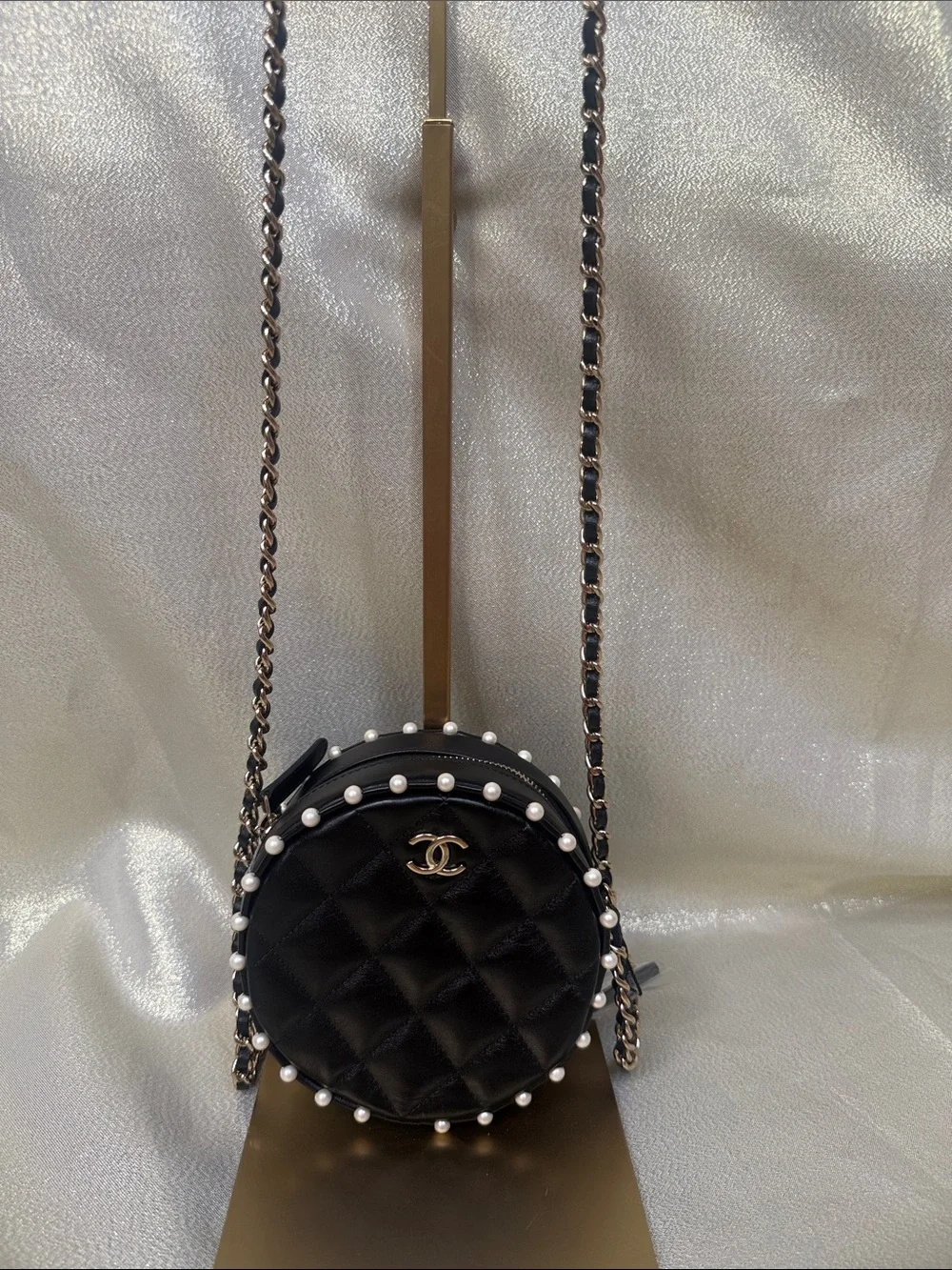 CHANEL Black Lambskin Quilted Round Crossbody with Pearl Trim with Chain